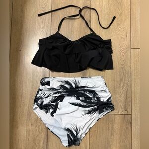 Amazon Black Ruffle Halter Bikini Top with Black & White Palm High-Waist Bottoms